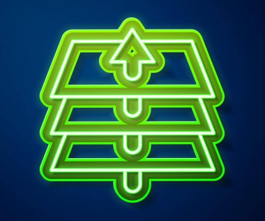 Parlayan neon hattı tabaka simgesi mavi arkaplanda izole edildi. Vektör.