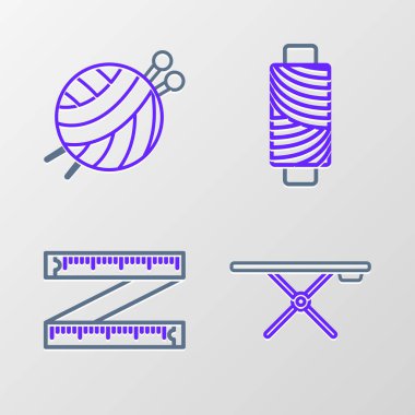 Hat ütü tahtası bant ölçümü dikiş ipliği makarası ve örgü iğneleri ikonuyla iplik topu ayarlayın. Vektör.