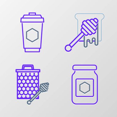 Damlayan dipper stickicon ve kupa çay ikonu ile bal kavanozu ayarla. Vektör.
