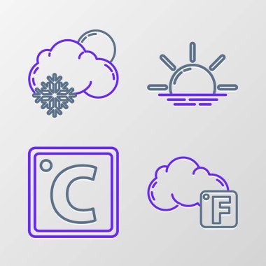 Fahrenheit hattını ayarlayın ve Celsius Sunrise ile Cloud 'u kar güneşinin simgesiyle bulut yapın. Vektör.