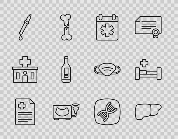 Hasta, karaciğer cerrahı randevusu Ultrasound Pipette Dijital termometre DNA sembolü ve hastane yatak ikonu kaydetti. Vektör.