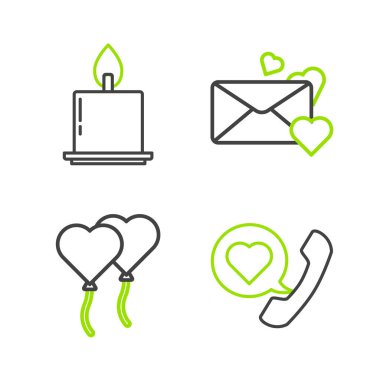 Telefon hattını kalp konuşma baloncuklarıyla Envelope ve Burning Mum ikonu şeklinde ayarla. Vektör.