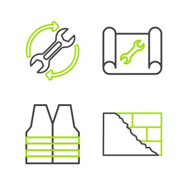 İş akışı simgesi olarak tuğla güvenlik yeleği, çizelge kağıdı, ingiliz anahtarı ve kırbaç oklarını ayarlayın. Vektör.