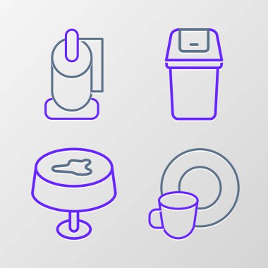 Bulaşık lekesini masa örtüsü çöp tenekesine ve tuvalet kağıdı rulo ikonuna yerleştir. Vektör.