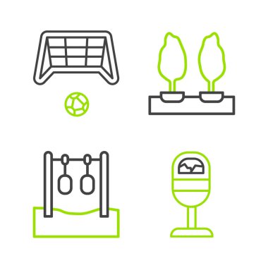 Çöp tenekesi jimnastik ringi, Forest ve Soccer golünü top ikonuyla belirleyin. Vektör.