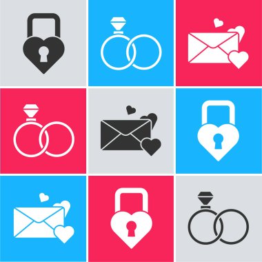 Kale 'yi kalp şeklinde ayarla, alyanslar ve kalp ikonlu zarf. Vektör.