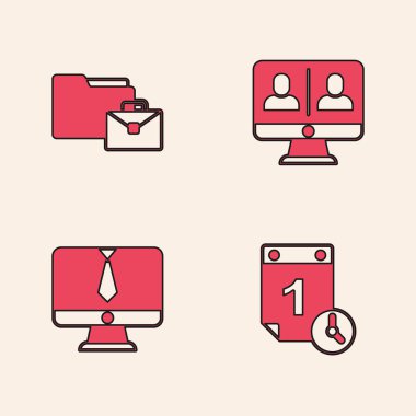 Set Zamanı yönetimi, çevrimiçi çalışma, görüntülü sohbet konferansı ve simge. Vektör.