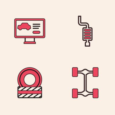 Chassis arabasını ayarla, teşhis konumu, araba susturucusu ve tekerlek ikonu. Vektör.