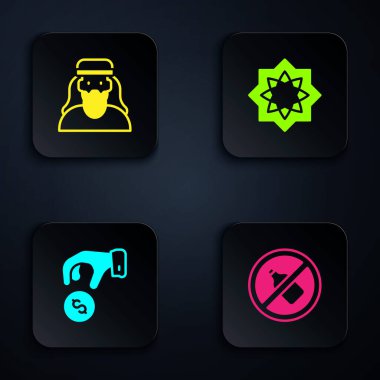 Alkol yok, Müslüman adam, bağışla ya da öde ve Octagonal yıldız. Siyah kare düğme. Vektör.