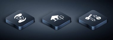 Isometric House 'u kalkan kira anahtarı ve dolar simgesi ile ayarla. Vektör.