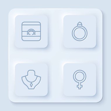 Sabit çizgi alyanslar, elmas nişan, kolye mankeni ve kadın cinsiyet sembolü. Beyaz kare düğme. Vektör.