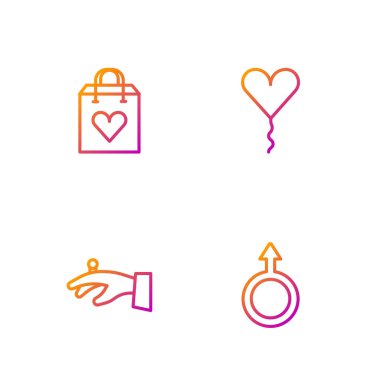 Erkek cinsiyet sembolü, alyanslar, kalp ve balon şeklinde alışveriş torbaları. Renk simgeleri. Vektör.