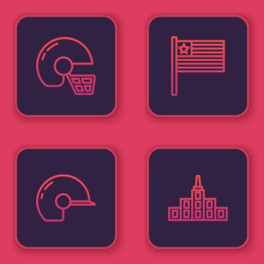 Amerikan futbol kaskı, beysbol, bayrak ve şehir manzarası. Mavi kare düğme. Vektör.