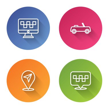 Bilgisayar, taksi, araba, konum ve birlikte taksi çağır. Renkli daire düğmesi. Vektör.