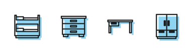 Ofis masası, ranza, mobilya sehpası ve kıyafet ikonu. Vektör.