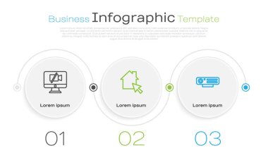 Bilgisayar, internet ve internet üzerinden çalışan bir kamera ayarla. Ticari bilgi şablonu. Vektör.