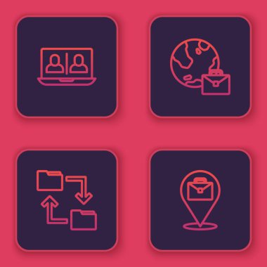 Çevrimiçi sohbet konferansı, Bulut depolama belgesi dizini, çevrimiçi çalışma ve... Mavi kare düğme. Vektör.