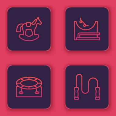 At eyerinde salıncak, trambolinde zıplama, kaykay parkı ve halat. Mavi kare düğme. Vektör.