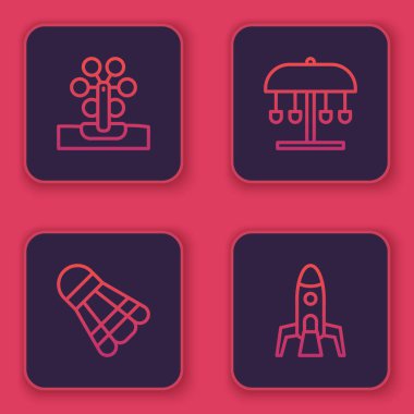 Dönme dolap, Badminton mekik horozu, atlıkarınca ve roket gemisi ayarlayın. Mavi kare düğme. Vektör.