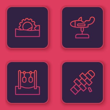 Dönme dolap, jimnastik halkaları, salıncak uçağı ve seksek. Mavi kare düğme. Vektör.