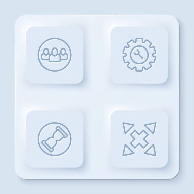 Hat Proje Ekibi tabanı, ingiliz ve teçhizat, kum ve yönlü eski kum saati ve birçok yönlü ok. Beyaz kare düğme. Vektör.