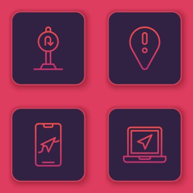 Çizgiyi ayarla. Dönüş işareti, şehir haritası navigasyonu, ünlem işareti ve dizüstü bilgisayar konumu işaretli konum. Mavi kare düğme. Vektör.