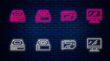 Satır bilgisayar soğutucu, video grafik kartı, optik disk sürücüsü ve monitör ekranını ayarla. Tuğla duvarda parlayan neon simgesi. Vektör.