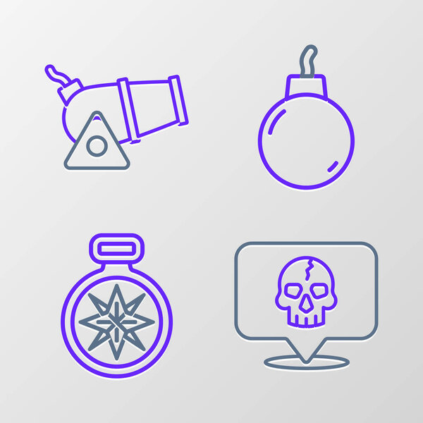 Set line Skull Compass Bomb ready to explode and Cannon icon. Vector.