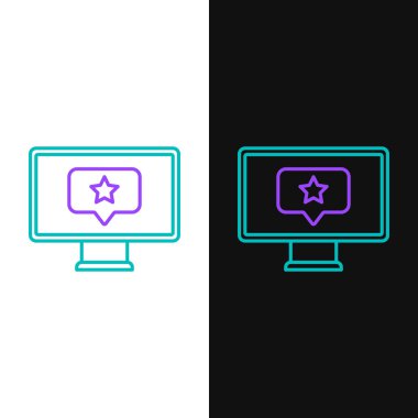 Beyaz ve siyah arkaplanda izole edilmiş yıldız simgesine sahip çizgi monitörü. Favori, en iyi derecelendirme, ödül sembolü. Renkli taslak konsepti. Vektör.