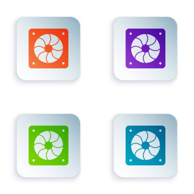 Renkli Bilgisayar simgesi beyaz arkaplanda izole edildi. Bilgisayar donanım pervanesi. Kare düğmelere renkli simgeleri yerleştir. Vektör.