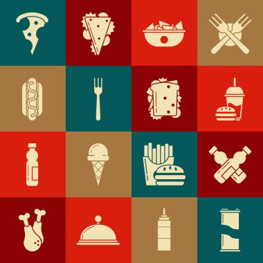 Soda kutusuyla karıştırılmış su bardağı, pipet ve hamburger soslu sosisli sandviç, hardallı sandviç dilimlenmiş pizza ve sandviç ikonu. Vektör.