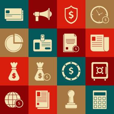 Hesap Makinesi Güvenli Dosya Kalkanını dolar sembollü kimlik kartı, pasta grafiği bilgi kartı ve finans simgesi ile ayarla. Vektör.