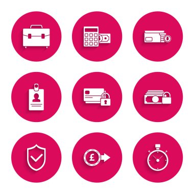 Kredi kartını kilit para sterlin sembolü Stopwatch Money Shield çek damgası kimlik kartı dolar ve evrak çantası simgesi ile ayarla. Vektör.