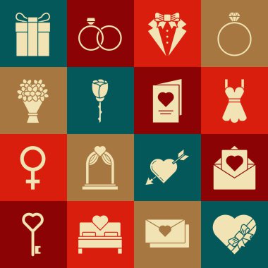 Candy 'yi kalp şeklinde bir kutuya koyun ve Sevgililer Günü için çiçek buketi, çiçek buketi ve sevgililer günü parti broşürü ile Zarfta bulunun. Vektör.