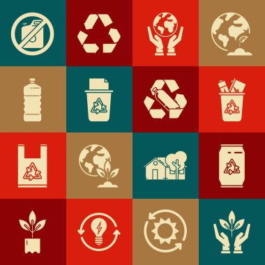 Çevre koruma konservesine konan Bitki geri dönüşüm sembolü ile Dünya 'nın plastik şişesini tutan insan ellerini geri dönüşüm kutusuna koyun. Benzin ve plastik ikon için geri dönüşüm kutusu yok. Vektör.