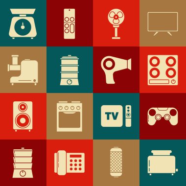 Tost makinesini Gamepad Gaz ocağı ocağı elektrikli elektrikli vantilatör çifte kazan, et öğütücü ve saç kurutma ikonu ile ayarla. Vektör.