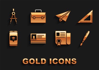 Kimlik kartı üçgen fırça sertifikası şablonu derecelendirme başlık ekranı akıllı telefon kağıt uçak çizim pusula ve evrak çantası simgesi. Vektör.