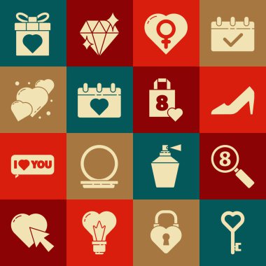 Anahtarı kalp şeklinde ayarla Arama 8 Mart Kadın Ayakkabı Cinsiyet Takvimi Kalp Hediyesi Kutusu ve Alışveriş Torbası ikonu. Vektör.