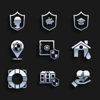 Shield House Hayat Sigortası 'nı Lifebuoy Mezuniyet Şapkası ve ikonu' na yerleştirin. Vektör.