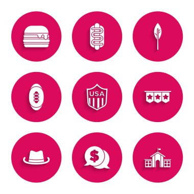 Yıldız paralı Kalkan 'ı ayarlayın. Amerikan Kongre Kongresi' nin çelenk çelengi, Batılı kovboy şapkası Amerikan Futbol Kızılderili tüyü ve Burger ikonu. Vektör.