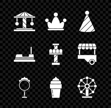 Cazibe atlıkarınca Jester şapkasını parti sirkinin ateş çemberli dondurma dönmedolap tamponu ve ikonu ile ayarla. Vektör.