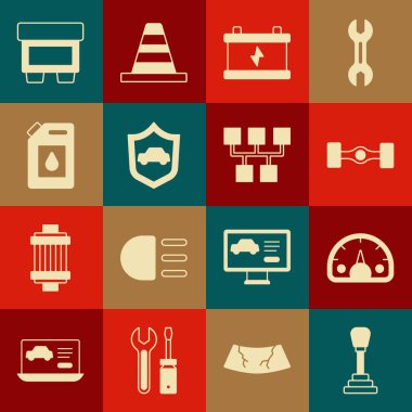 Hızölçer Chassis araba aküsünü motor yağı fünyesi ve simgesi için kalkan kutusuyla ayarla. Vektör.