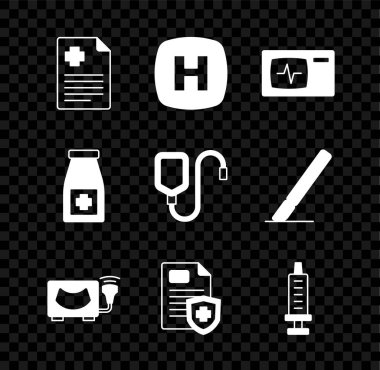 Hastanenin pano monitörünü kardiyogram ultrason şırınga ilacı şişesi, haplar ve serum poşeti ikonu ile ayarla. Vektör.