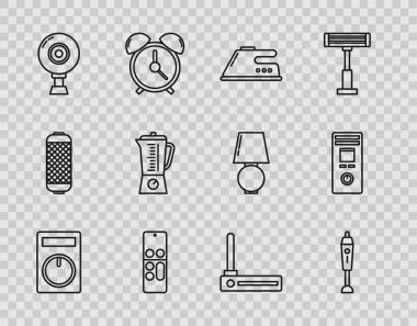 Hat uzaktan kumandalı blender elektrikli web kamera yönlendiricisi, wi-fi sinyali ve simge ayarla. Vektör.