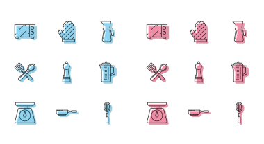 Hattı ayarla Kızartma Tavası Mikrodalga Fırın Mutfağı Biber Çaydanlığı Çapraz çatal, kaşık ve fırın eldiveni ikonu. Vektör.