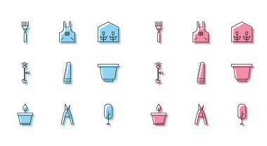 Hattı, saksıya yerleştirin, el yapımı makas tırmık Ağacı, çim biçme teli budayıcı ve mutfak önlüğü ikonu. Vektör.