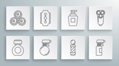 Traş bıçağı losyonu, tıraş bıçağı jileti, saç spreyi, sprey şişesi klasik berber dükkanı direği şampuan, erkekler için elektrikli bıçak ve havlu rulo ikonu. Vektör.