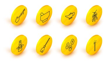 Sihirli değnek, cadı süpürgesi sihirbaz şapkası, tüylü tavşan düş kapanı ya da Aladdin havan topu ve büyü ikonu. Vektör.