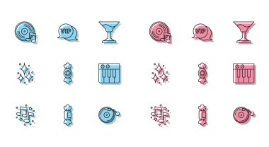 Satır Müzik notası tonunu ayarlayın Candy Vinyl disk oynatıcısı ile synthesizer Firework ve Vip konuşma balonu simgesi. Vektör.