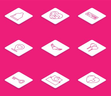 Kondom Heart Love metin konumunu ayarlayın. Kalp kanatları olan balonlar, Key form ve Envelope Valentine simgesi. Vektör.